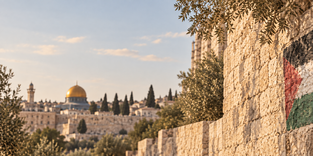 Jerusalem skyline, olive branches and warm stone walls